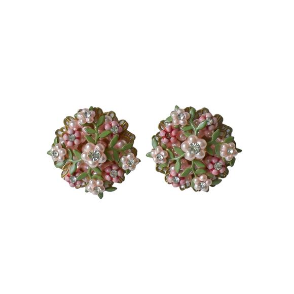 1950s Gold Plate Pink Green Enamel White Rhinestone Floral Cluster Clip Earrings - Picture 3 of 4
